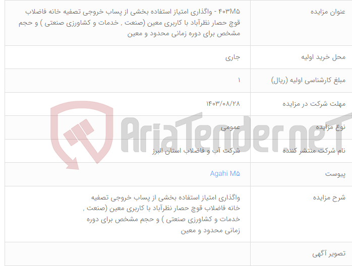 تصویر کوچک آگهی 403M5 - واگذاری امتیاز استفاده بخشی از پساب خروجی تصفیه خانه فاضلاب قوچ حصار نظرآباد با کاربری معین (صنعت , خدمات و کشاورزی صنعتی ) و حجم مشخص برای دوره زمانی محدود و معین