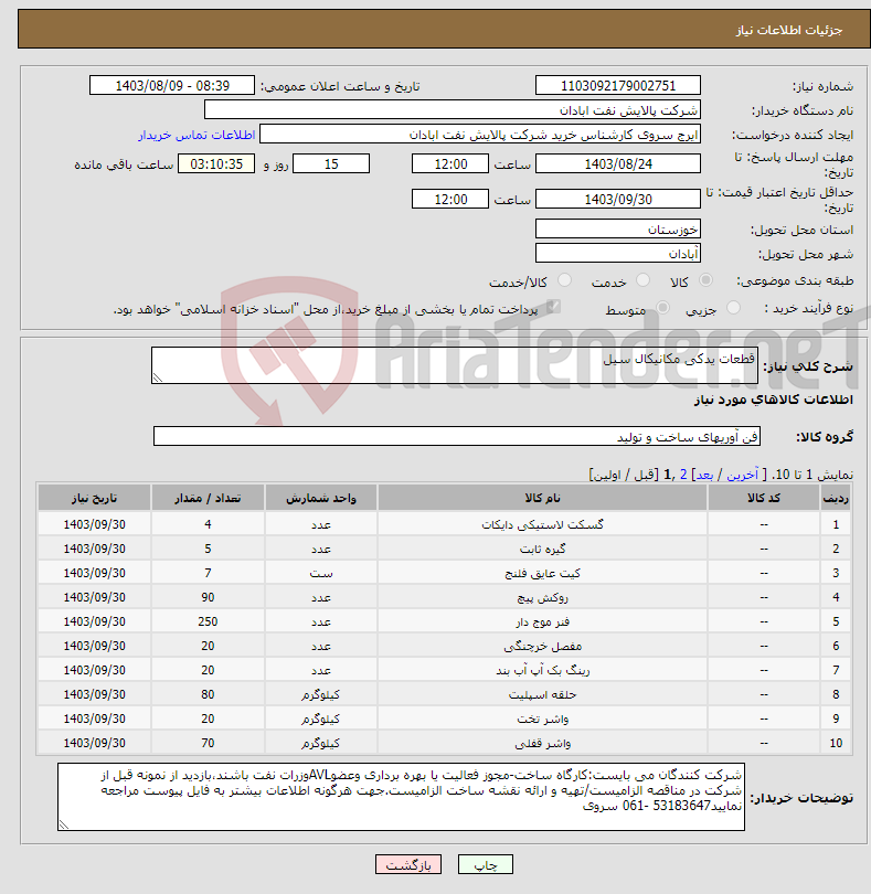 تصویر کوچک آگهی نیاز انتخاب تامین کننده-قطعات یدکی مکانیکال سیل