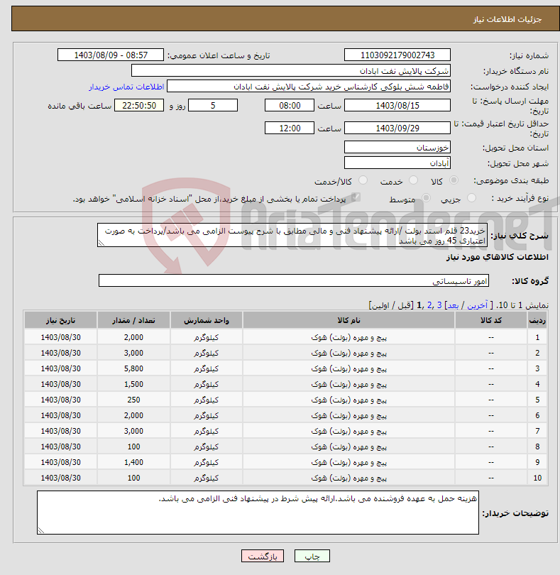 تصویر کوچک آگهی نیاز انتخاب تامین کننده-خرید23 قلم استد بولت /ارائه پیشنهاد فنی و مالی مطابق با شرح پیوست الزامی می باشد/پرداخت به صورت اعتباری 45 روز می باشد