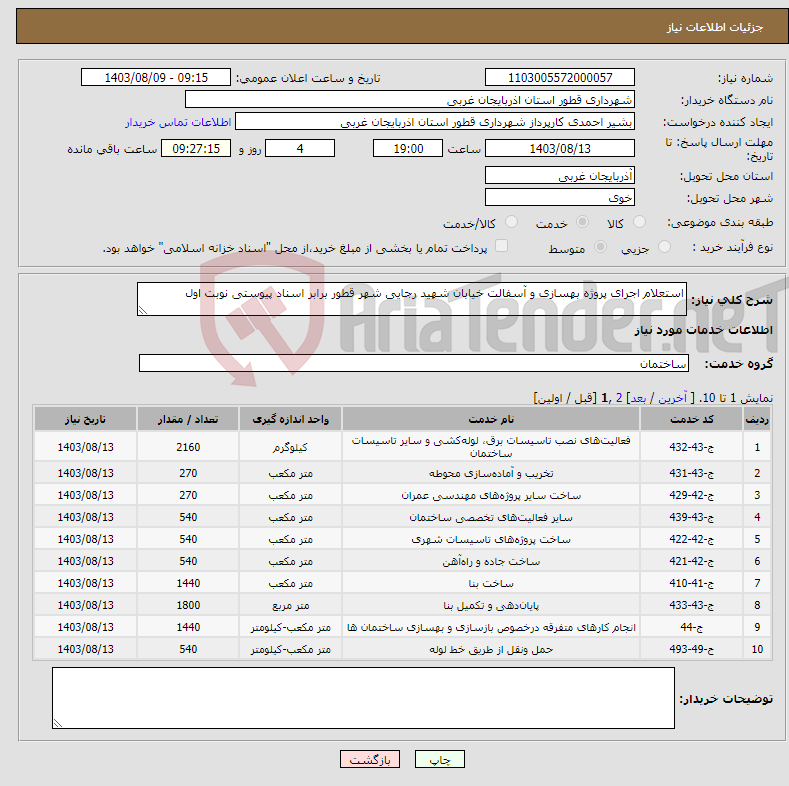 تصویر کوچک آگهی نیاز انتخاب تامین کننده-استعلام اجرای پروژه بهسازی و آسفالت خیابان شهید رجایی شهر قطور برابر اسناد پیوستی نوبت اول