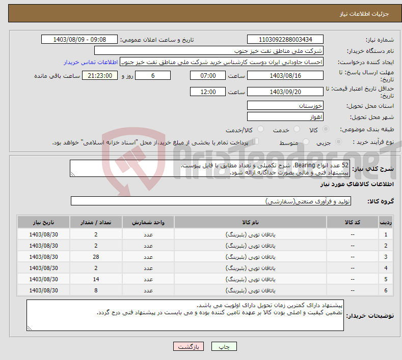 تصویر کوچک آگهی نیاز انتخاب تامین کننده-52 عدد انواع Bearing، شرح تکمیلی و تعداد مطابق با فایل پیوست. پیشنهاد فنی و مالی بصورت جداگانه ارائه شود.