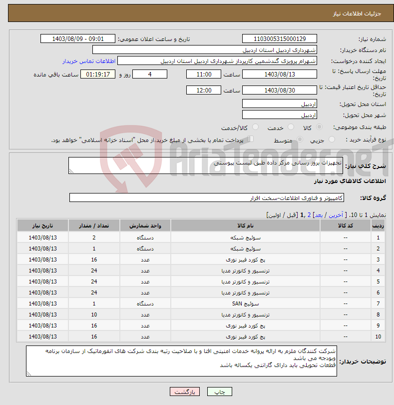 تصویر کوچک آگهی نیاز انتخاب تامین کننده-تجهیزات بروز رسانی مرکز داده طبق لیست پیوستی