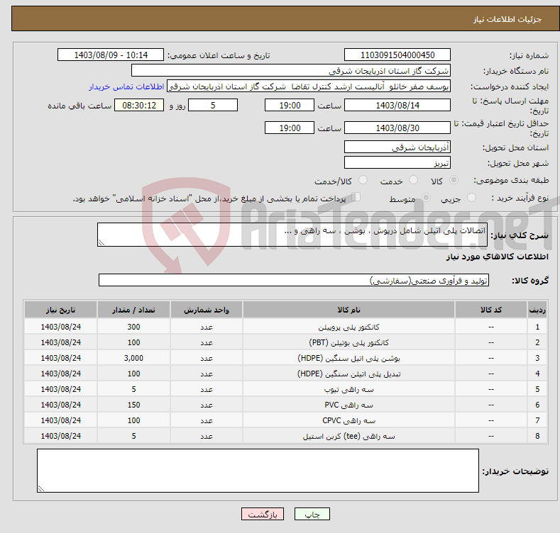 تصویر کوچک آگهی نیاز انتخاب تامین کننده-اتصالات پلی اتیلن شامل درپوش ، بوشن ، سه راهی و ...