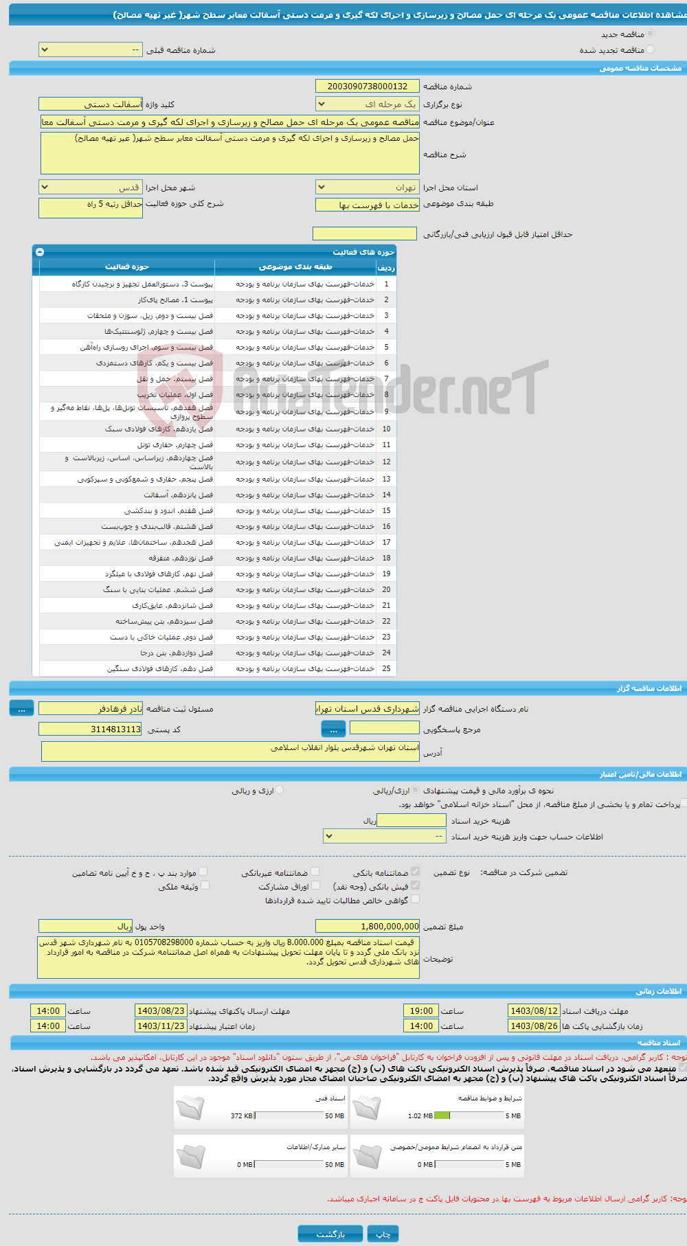 تصویر کوچک آگهی مناقصه عمومی یک مرحله ای حمل مصالح و زیرسازی و اجرای لکه گیری و مرمت دستی آسفالت معابر سطح شهر( غیر تهیه مصالح) 