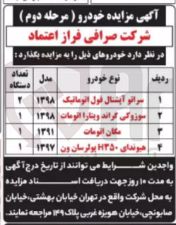 تصویر کوچک آگهی فروش خودروهای زیر :
2 دستگاه سراتو آپشنال فول اتوماتیک مدل 1398
1 دستگاه سوزوکی گراند ویتارا اتومات مدل 1398
1 دستگاه مگان اتومات مدل 1391
1 دستگاه هیوندای ۳۵۰ پولرسان ون مدل 1397