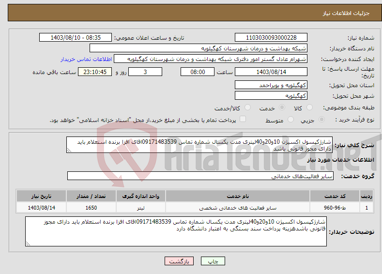 تصویر کوچک آگهی نیاز انتخاب تامین کننده-شارژکپسول اکسیژن 10و20و40لیتری مدت یکسال شماره تماس 09171483539اقای افزا برنده استعلام باید دارای مجوز قانونی باشد