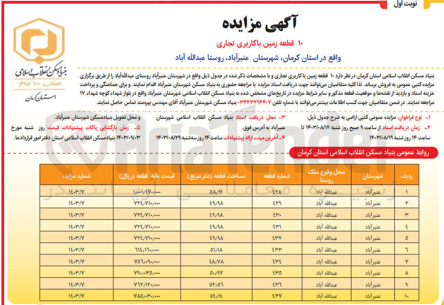 تصویر کوچک آگهی فروش ۱۰ قطعه زمین با کاربری تجاری