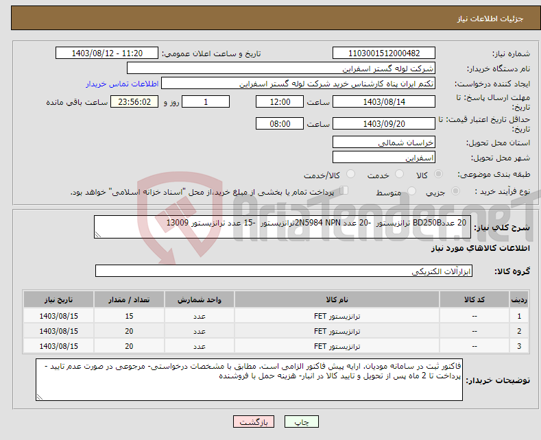 تصویر کوچک آگهی نیاز انتخاب تامین کننده- 20 عددBD250B ترانزیستور -20 عدد 2N5984 NPNترانزیستور -15 عدد ترانزیستور 13009 