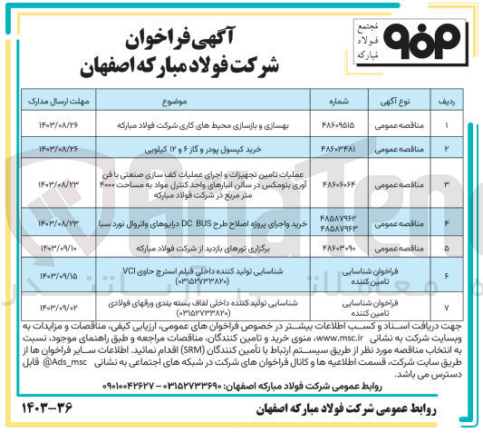 تصویر کوچک آگهی عملیات تامین تجهیزات و اجرای عملیات کف سازی صنعتی با فن آوری بتومکس در سالن انبار های واحد کنترل مواد به مساحت 2000 مترمربع در شرکت فولاد مبارکه 