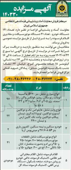 تصویر کوچک آگهی فروش تعداد 121 دستگاه خودرو ،تعداد 41 دستگاه موتور سیکلت و  مقادیری اقلام فرسوده 