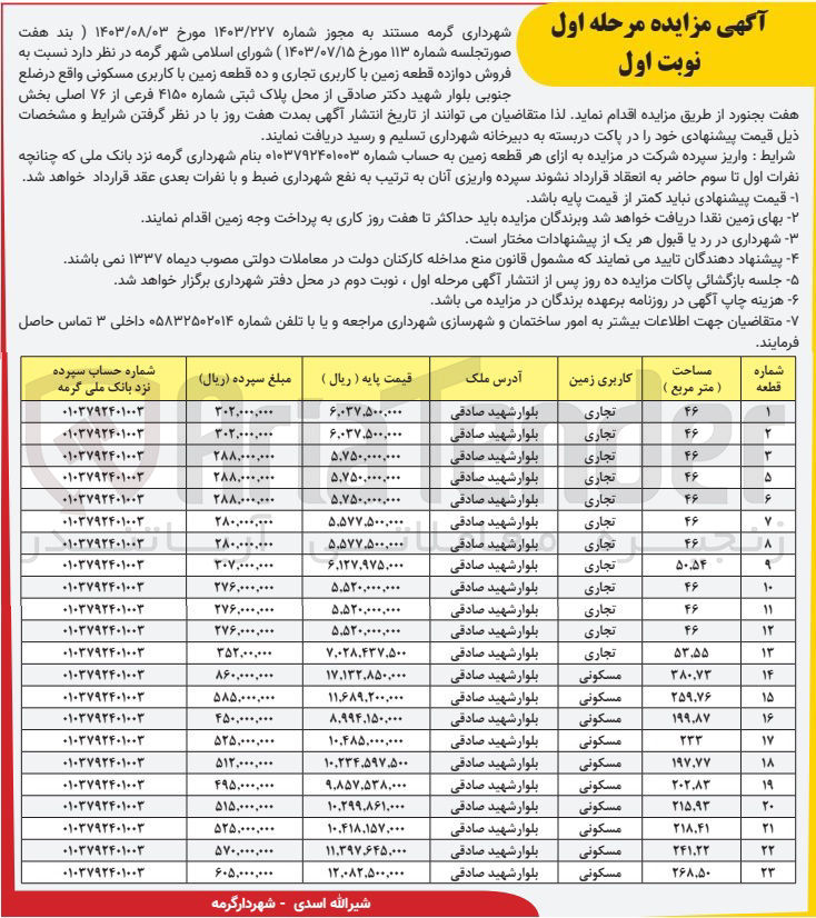 تصویر کوچک آگهی فروش دوازده قطعه زمین باکاربری تجاری و ده قطعه زمین باکاربری مسکونی 