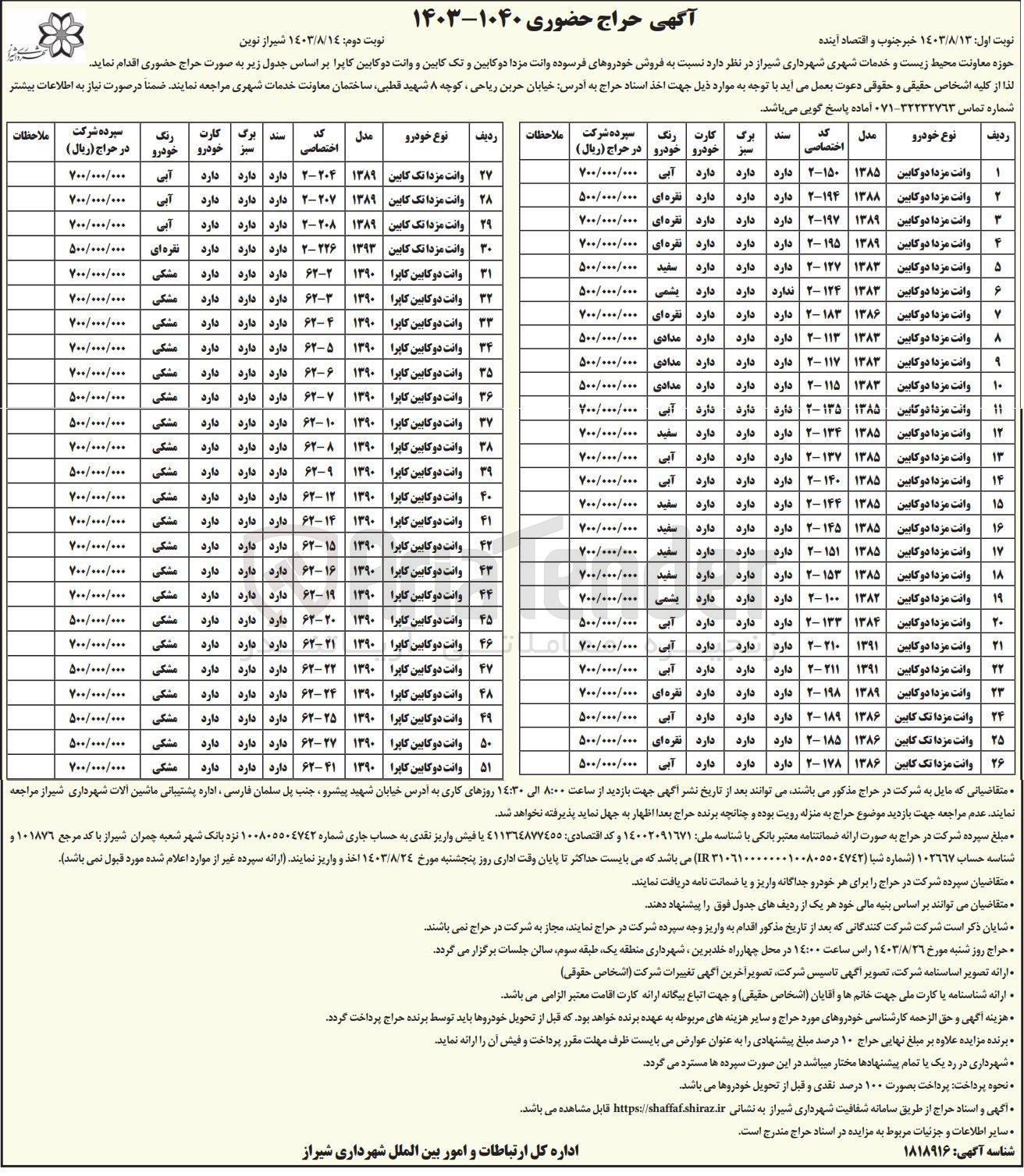 تصویر کوچک آگهی فروش خودروهای فرسوده وانت مزدا دو کابین و تک کابین و وانت دو کابین کاپرا در 51 ردیف