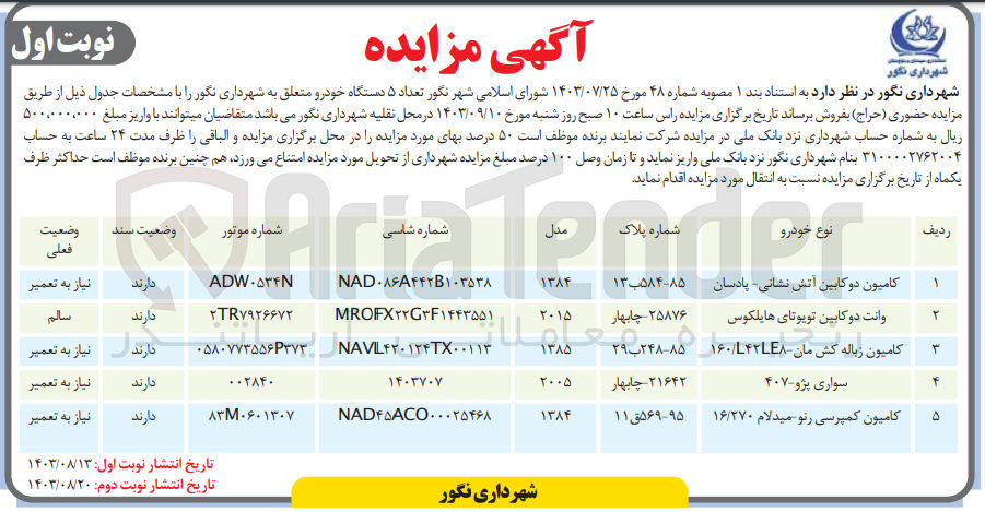 تصویر کوچک آگهی فروش تعداد ۵ دستگاه خودرو متعلق به شهرداری نگور :
1- کامیون دوکابین آتش نشانی- پادسان
2- وانت دو کابین تویوتای هایلکوس
3- کامیون زباله کش مان - 160/L42LE8
4- سواری پژو ۴۰۷
5- کامیون کمپرسی رنو میدلام ۱۶/۲۷۰
