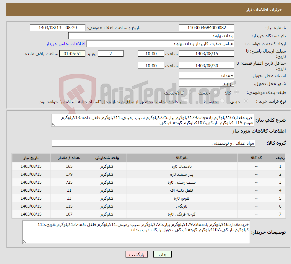 تصویر کوچک آگهی نیاز انتخاب تامین کننده-خریدمقدار165کیلوگرم بادمجان،179کیلوگرم پیاز،725کیلوگرم سیب زمینی،11کیلوگرم فلفل دلمه،13کیلوگرم هویج،115 کیلوگرم نارنگی،107کیلوگرم گوجه فرنگی