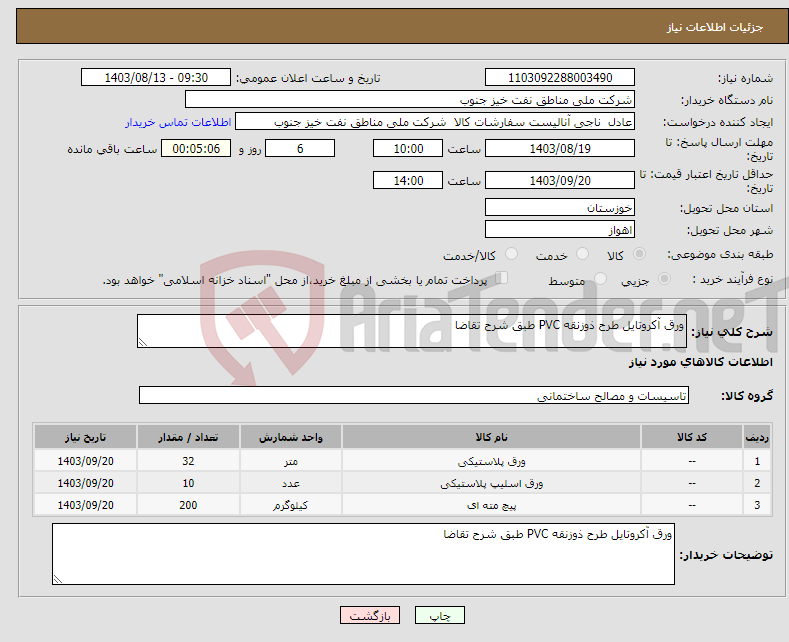 تصویر کوچک آگهی نیاز انتخاب تامین کننده-ورق آکروتایل طرح ذوزنقه PVC طبق شرح تقاضا