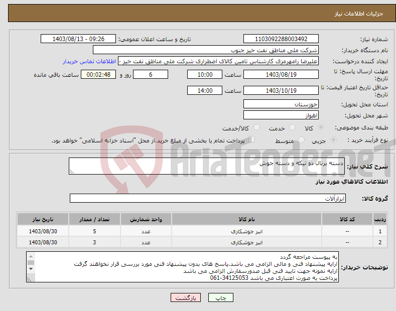 تصویر کوچک آگهی نیاز انتخاب تامین کننده-دسته برنال دو تیکه و دسته جوش