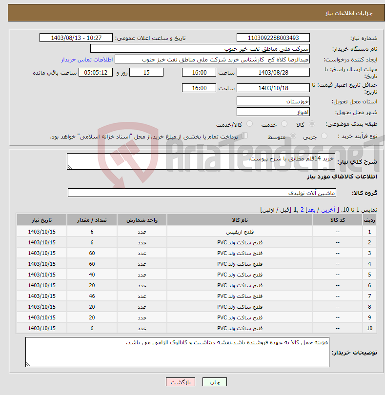 تصویر کوچک آگهی نیاز انتخاب تامین کننده-خرید 14قلم مطابق با شرح پیوست.