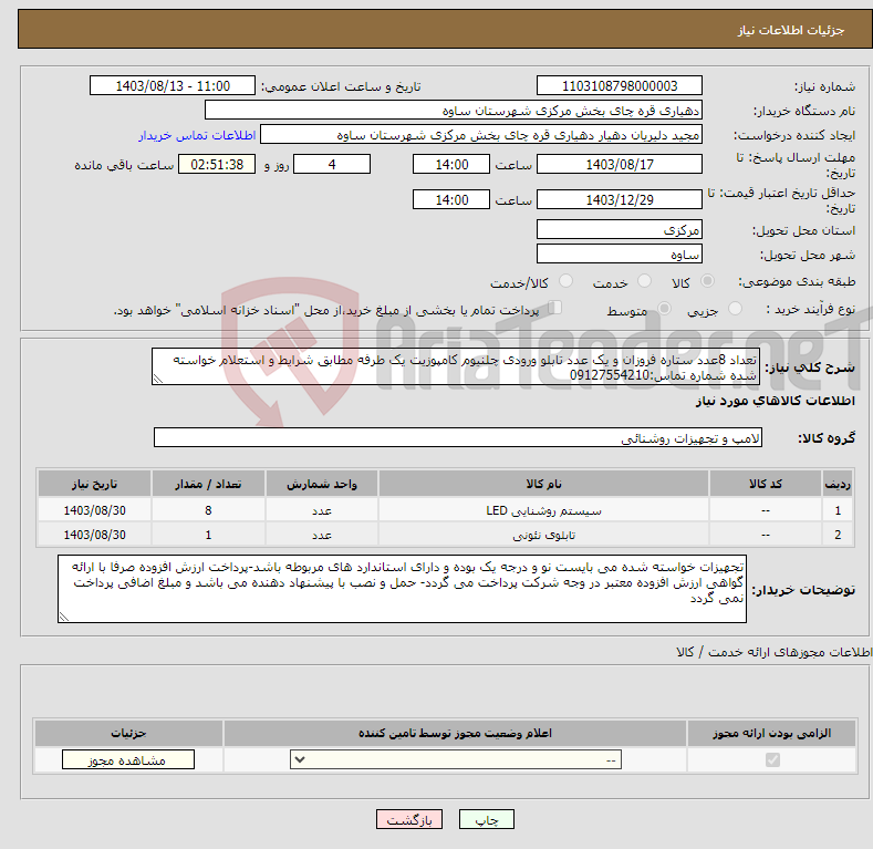 تصویر کوچک آگهی نیاز انتخاب تامین کننده-تعداد 8عدد ستاره فروزان و یک عدد تابلو ورودی چلنیوم کامپوزیت یک طرفه مطابق شرایط و استعلام خواسته شده شماره تماس:09127554210