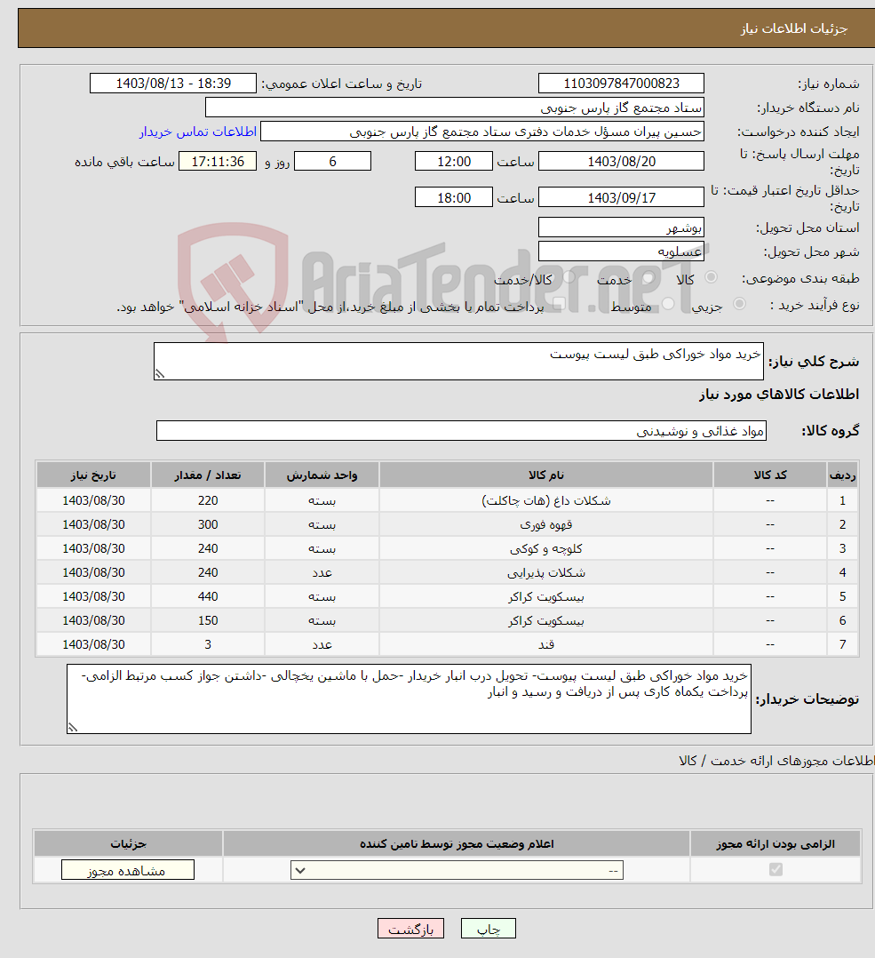 تصویر کوچک آگهی نیاز انتخاب تامین کننده-خرید مواد خوراکی طبق لیست پیوست
