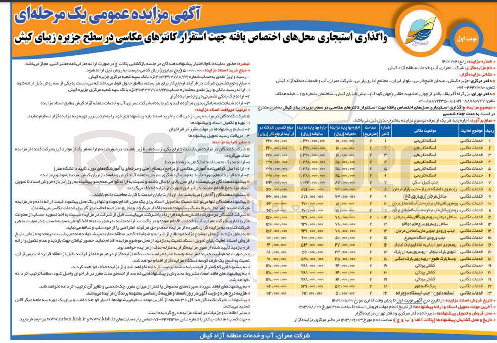 تصویر کوچک آگهی واگذاری استیجاری محل های اختصاص یافته جهت استقرار کانترهای عکاسی در سطح جزیره زیبای کیش در 23 ردیف