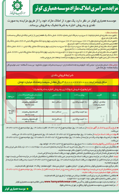 تصویر کوچک آگهی اجاره املاک :
 به پلاک ثبتی شماره ۴/۴۶، شش دانگ یک قطعه زمین از اراضی جلگه ای جنگلی به مساحت یکصد هزار متر مربع
چهار و دو دانگ مشاع پلاک ثبتی ۴/۲۰۴، شش دانگ یک قطعه زمین مشتمل اشجار و مرکبات به مساحت ۱۵۴۲ متر مربع
چهار و دو دانگ مشاع پلاک ثبتی ۴/۲۱۱، شش دانگ یک قطعه زمین نیر اشجار و مرکبات به مساحت ۴۸۱۰ متر مربع
 چهاردانگ و دو دانگ مشاع پلاک ثبتی ۴۷۳۳۰، شش دانگ عرصه و اعیان یک قطعه زمین مشجر به مساحت ۹۱۱۵ متر مربع
و مساحت کل زمین 115467 مترمربع