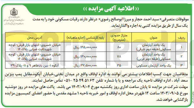 تصویر کوچک آگهی اجاره رقبات مسکونی در 3 ردیف با متراژهای 80، 78، 35 مترمربع