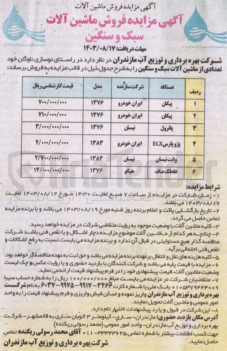 تصویر کوچک آگهی فروش تعدادی از ماشین آلات سبک و سنگین در 6 ردیف :
پیکان ،پاترول ،پژوپارس ،وانت نیسان و..