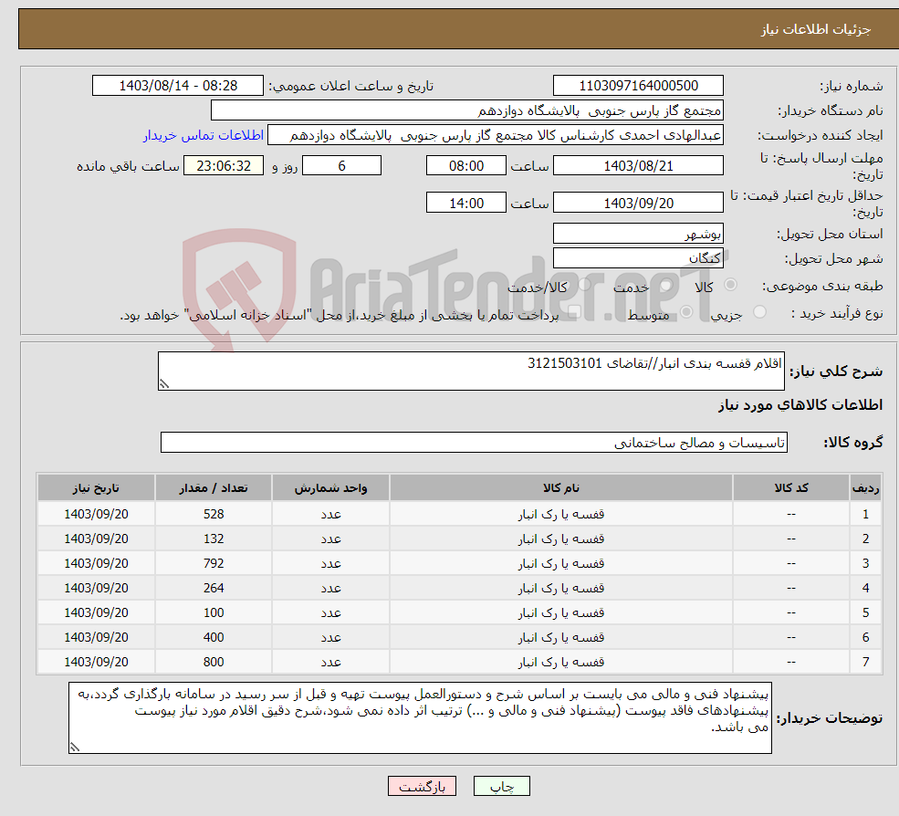 تصویر کوچک آگهی نیاز انتخاب تامین کننده-اقلام قفسه بندی انبار//تقاضای 3121503101