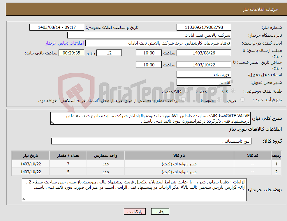 تصویر کوچک آگهی نیاز انتخاب تامین کننده-GATE VALVEفقط کالای سازنده داخلی AVL مورد تائیدبوده والزامانام شرکت سازنده بادرج شناسه ملی درپیشنهاد فنی ذکرگردد درغیراینصورت مورد تائید نمی باشد .