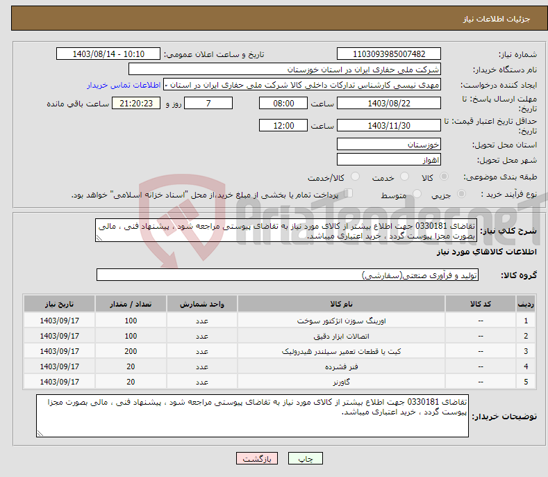 تصویر کوچک آگهی نیاز انتخاب تامین کننده-تقاضای 0330181 جهت اطلاع بیشتر از کالای مورد نیاز به تقاضای پیوستی مراجعه شود ، پیشنهاد فنی ، مالی بصورت مجزا پیوست گردد ، خرید اعتباری میباشد.