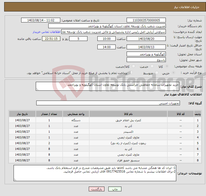 تصویر کوچک آگهی نیاز انتخاب تامین کننده-خرید تجهیزات سامانه حفاظتی حراستی بانک توسعه تعاون استان کهگیلویه و بویراحمد 