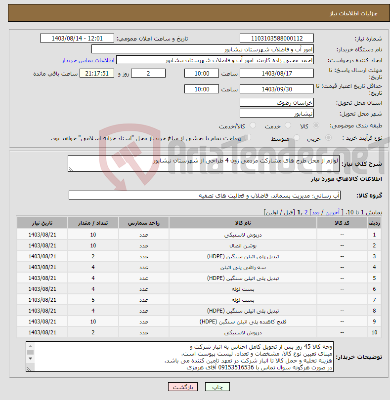 تصویر کوچک آگهی نیاز انتخاب تامین کننده-لوازم از محل طرح های مشارکت مردمی زون 4 طراحی از شهرستان نیشابور