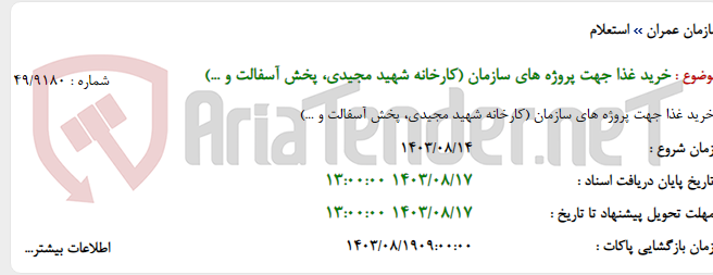 تصویر کوچک آگهی خرید غذا جهت پروژه های سازمان (کارخانه شهید مجیدی، پخش آسفالت و ...)