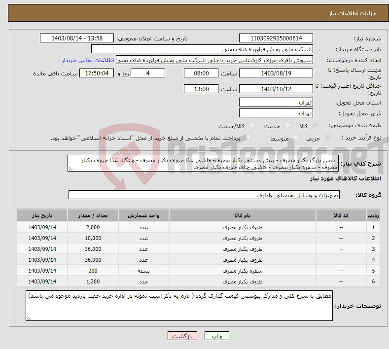 تصویر کوچک آگهی نیاز انتخاب تامین کننده- دیس بزرگ یکبار مصرف - پیش دستی یکبار مصرف- قاشق غذا خوری یکبار مصرف - چنگال غذا خوری یکبار مصرف - سفره یکبار مصرف - قاشق چای خوری یکبار مصرف 