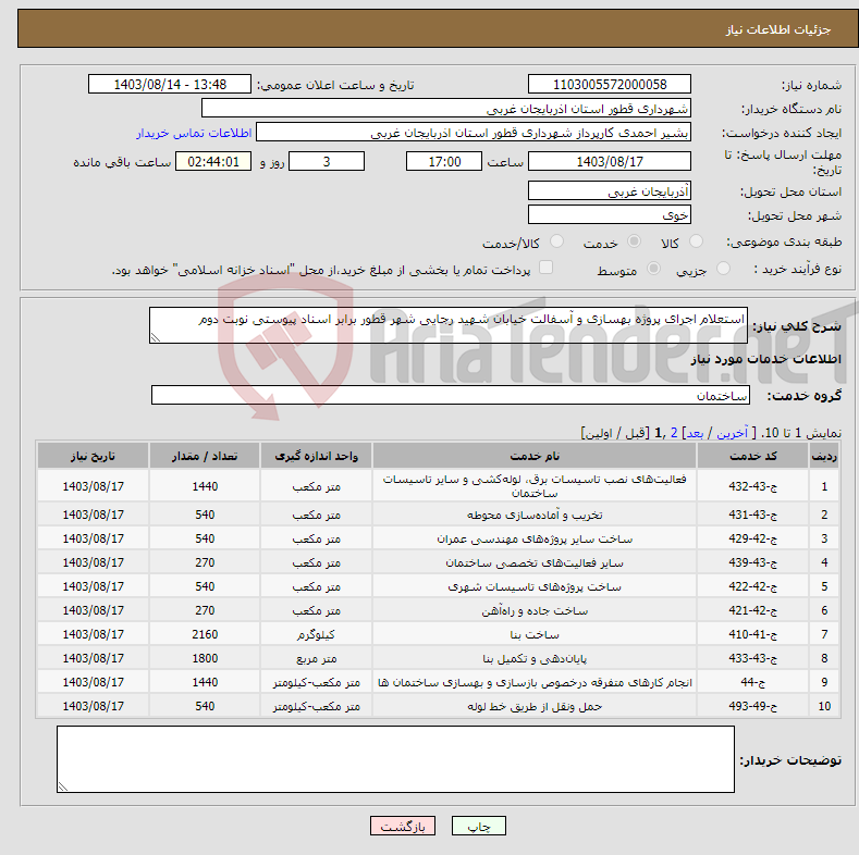 تصویر کوچک آگهی نیاز انتخاب تامین کننده-استعلام اجرای پروژه بهسازی و آسفالت خیابان شهید رجایی شهر قطور برابر اسناد پیوستی نوبت دوم