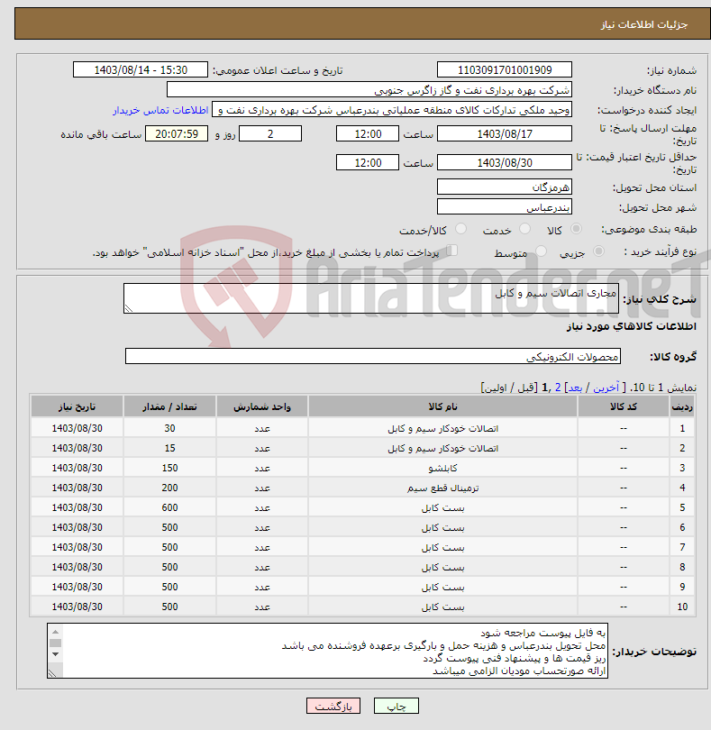 تصویر کوچک آگهی نیاز انتخاب تامین کننده-مجاری اتصالات سیم و کابل 