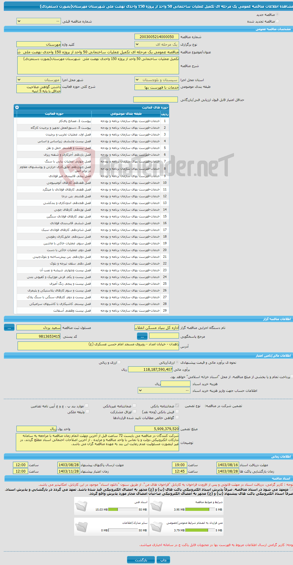 تصویر کوچک آگهی مناقصه عمومی یک مرحله ای تکمیل عملیات ساختمانی 50 واحد از پروژه 150 واحدی نهضت ملی شهرستان مهرستان(بصورت دستمزدی)