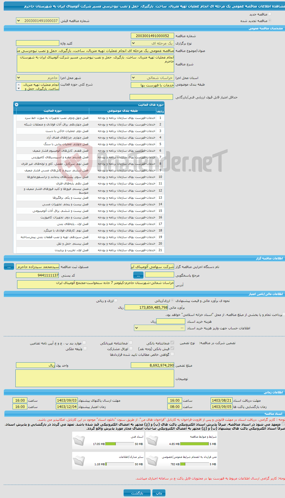 تصویر کوچک آگهی مناقصه عمومی یک مرحله ای انجام عملیات تهیه متریال، ساخت، بارگیری، حمل و نصب نیوجرسی مسیر شرکت آلومینای ایران به شهرستان جاجرم