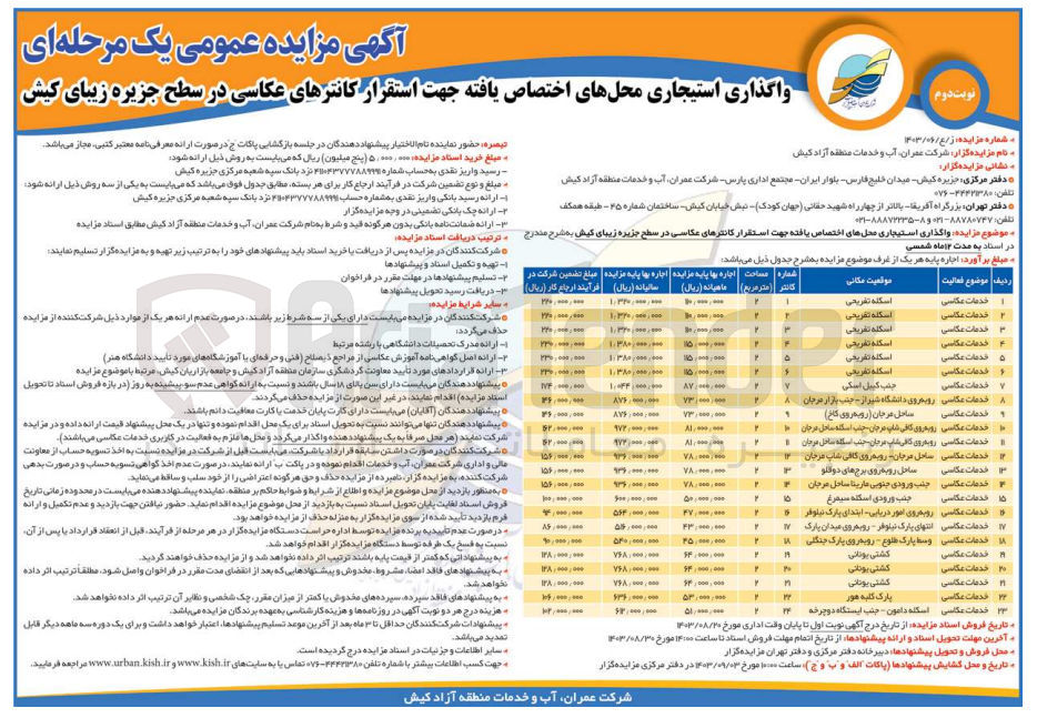 تصویر کوچک آگهی واگذاری استیجاری محل های اختصاص یافته جهت استقرار کانترهای عکاسی در سطح جزیره زیبای کیش در 23 ردیف