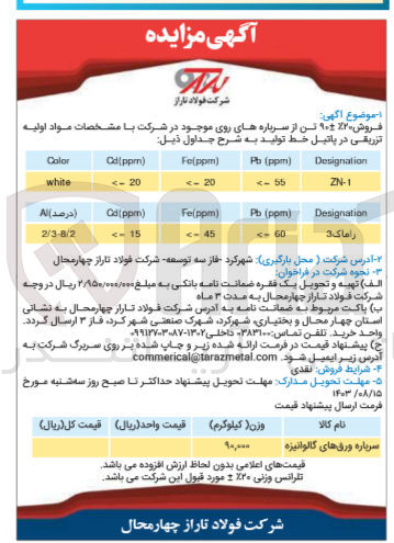 تصویر کوچک آگهی فروش 20%+-90 تن از سرباره های روی 
