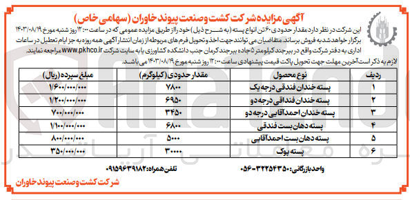 تصویر کوچک آگهی فروش مقدار حدودی 60 تن انواع پسته 