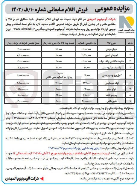 تصویر کوچک آگهی فروش اقلام ضایعاتی :
سرباره چدن
آجرهای نسوز 
ضایعات کاندی و کف دیگ
واشر نسوز کروسیبل
کابل برق و سیم مسی
لوله سر سایفون
انواع فیلتر
چوب و تخته
فاین بانس