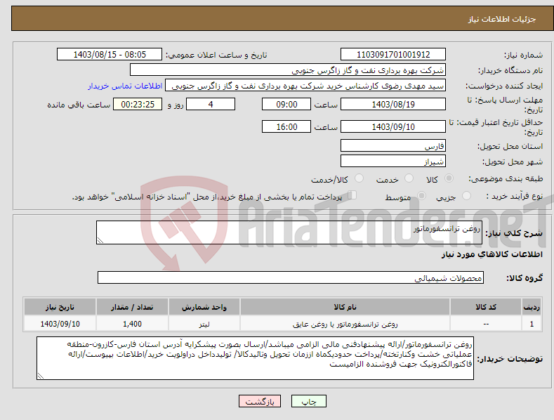 تصویر کوچک آگهی نیاز انتخاب تامین کننده-روغن ترانسفورماتور