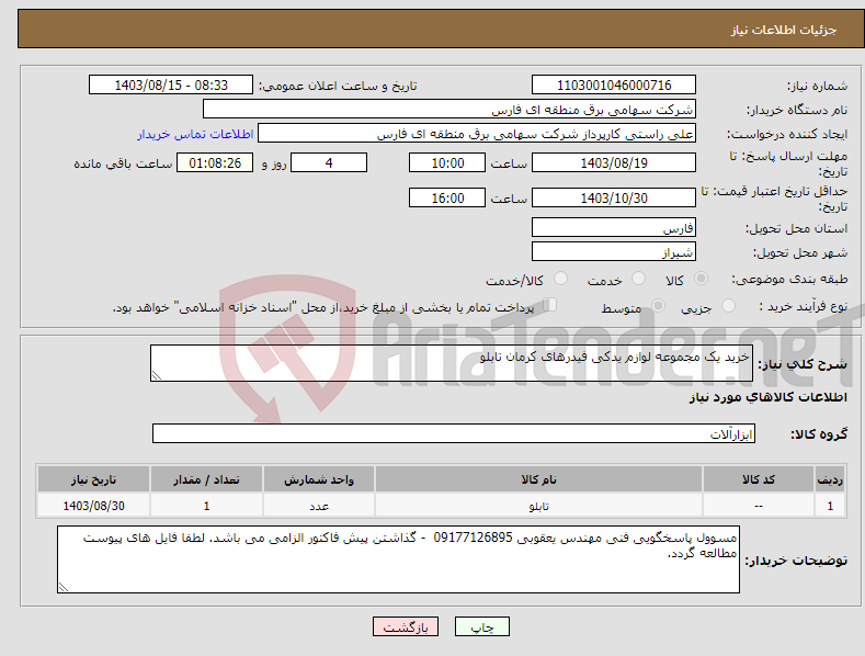 تصویر کوچک آگهی نیاز انتخاب تامین کننده-خرید یک مجموعه لوازم یدکی فیدرهای کرمان تابلو 