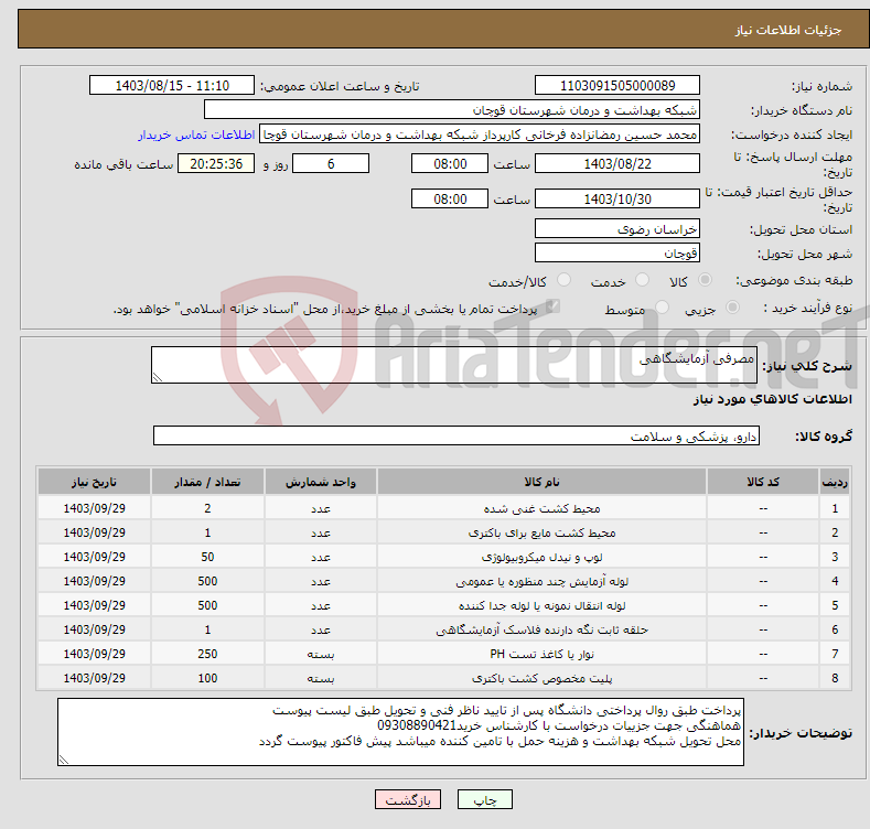 تصویر کوچک آگهی نیاز انتخاب تامین کننده-مصرفی آزمایشگاهی