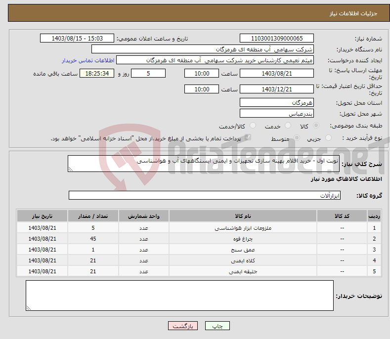 تصویر کوچک آگهی نیاز انتخاب تامین کننده-نوبت اول - خرید اقلام بهینه سازی تجهیزات و ایمنی ایستگاههای آب و هواشناسی
