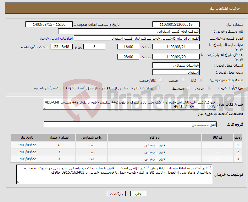 تصویر کوچک آگهی نیاز انتخاب تامین کننده-فیوز7.2کیلو ولت 160 آمپر-فیوز 7.2 کیلو ولت 250 آمپری با طول 442 میلیمتر- فیوز با طول 442 میلیمترABB-CMF ،HV U=7.2KV I=200A