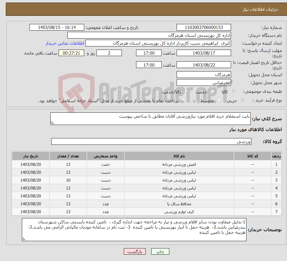 تصویر کوچک آگهی نیاز انتخاب تامین کننده-بابت استعلام خرید اقلام مورد نیازورزشی آقایان مطابق با شاخص پیوست 