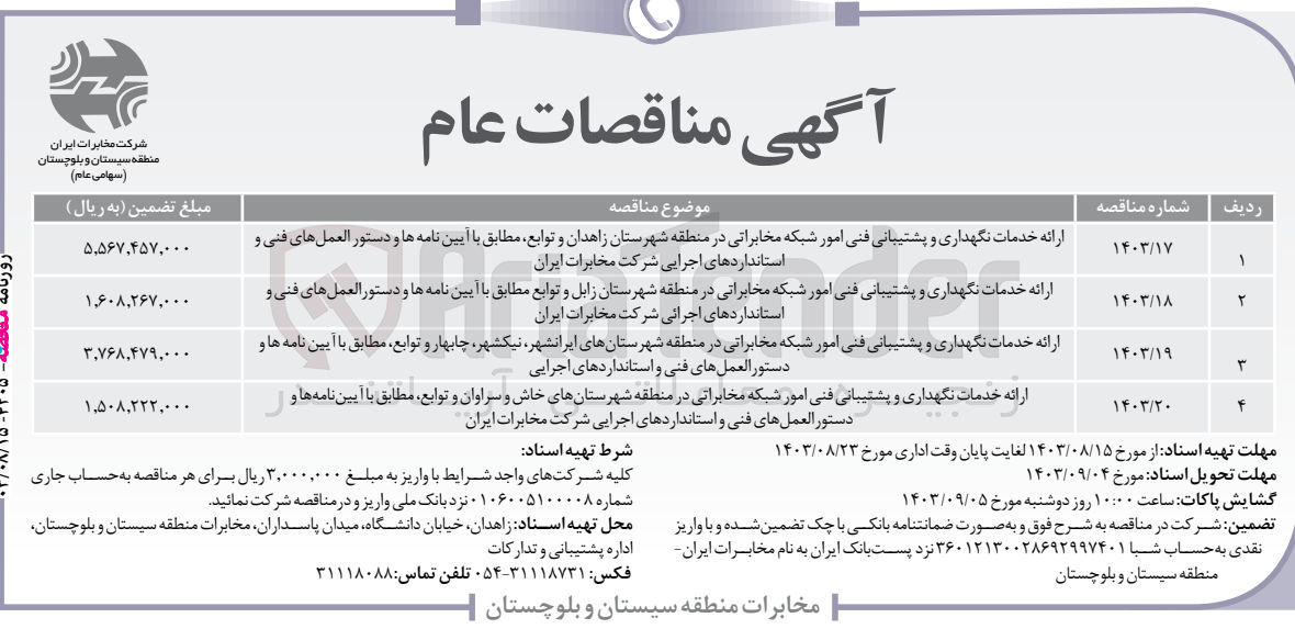تصویر کوچک آگهی ارائه خدمات نگهداری و پشتیبانی فنی امور شبکه مخابراتی در منطقه شهرستان زابل و توابع مطابق با آیین نامه و دستورالعمل های فنی و 
استانداردهای اجرائی شرکت مخابرات ایران