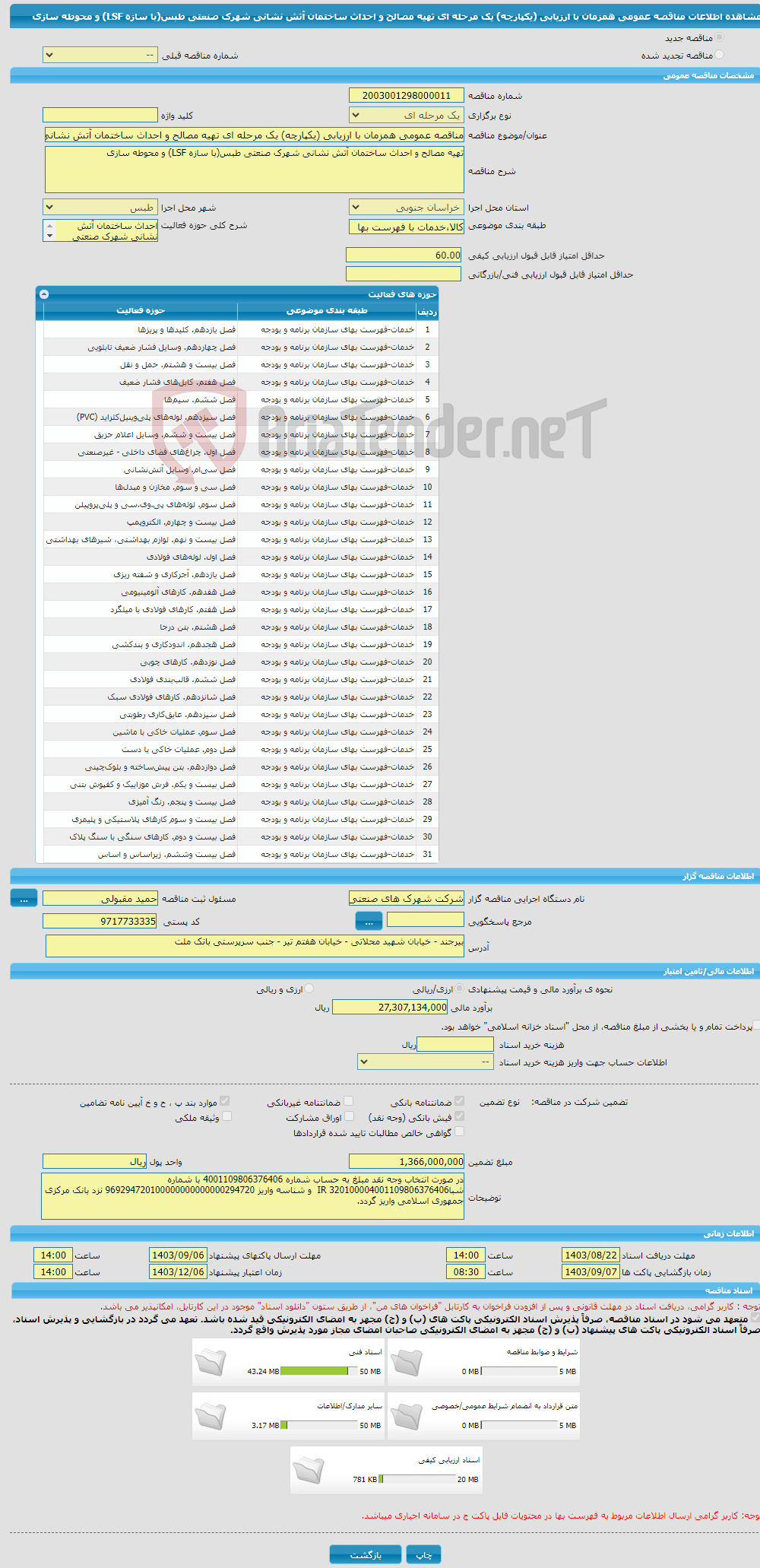 تصویر کوچک آگهی مناقصه عمومی همزمان با ارزیابی (یکپارچه) یک مرحله ای تهیه مصالح و احداث ساختمان آتش نشانی شهرک صنعتی طبس(با سازه LSF) و محوطه سازی